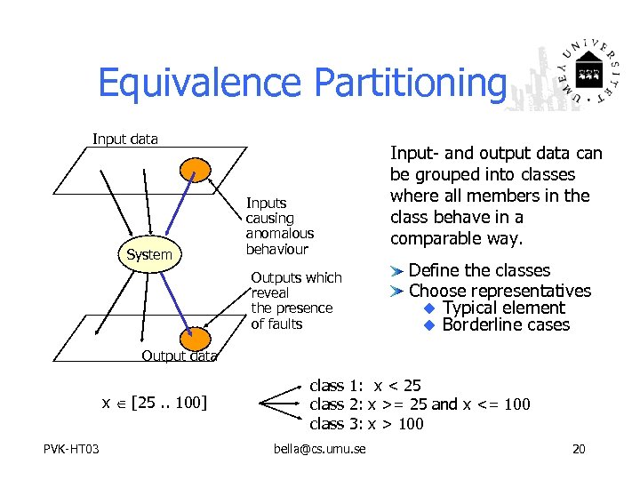 Equivalence Partitioning Input data System Inputs causing anomalous behaviour Outputs which reveal the presence