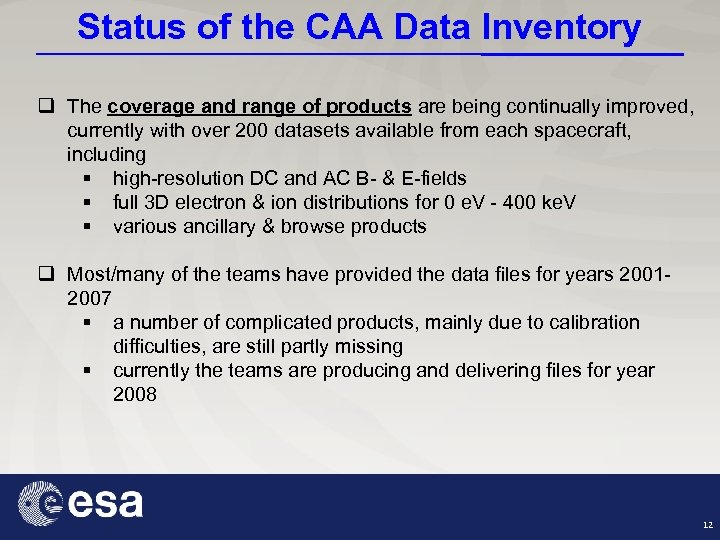 Status of the CAA Data Inventory q The coverage and range of products are