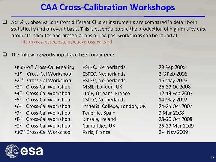 CAA Cross-Calibration Workshops q Activity: observations from different Cluster instruments are compared in detail