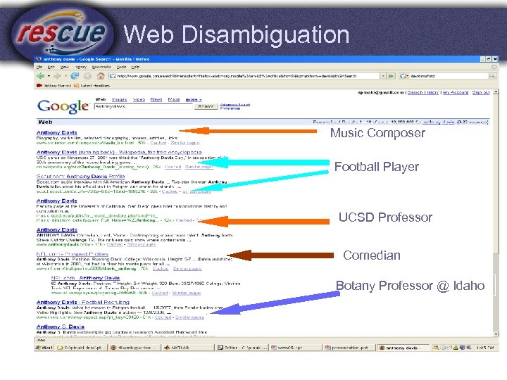 Web Disambiguation Music Composer Football Player UCSD Professor Comedian Botany Professor @ Idaho 