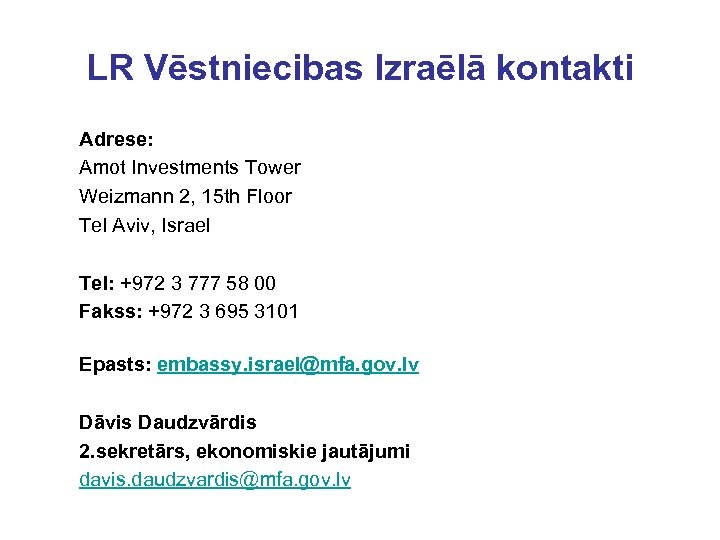 LR Vēstniecibas Izraēlā kontakti Adrese: Amot Investments Tower Weizmann 2, 15 th Floor Tel