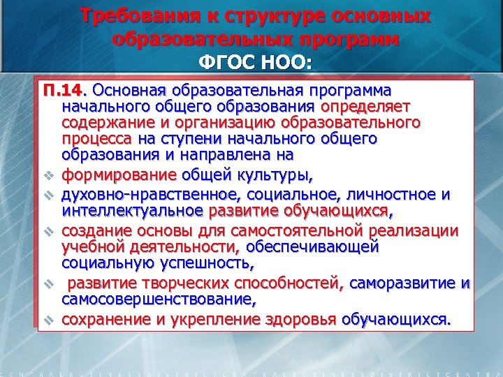 Требования к структуре основных образовательных программ ФГОС НОО: П. 14. Основная образовательная программа начального