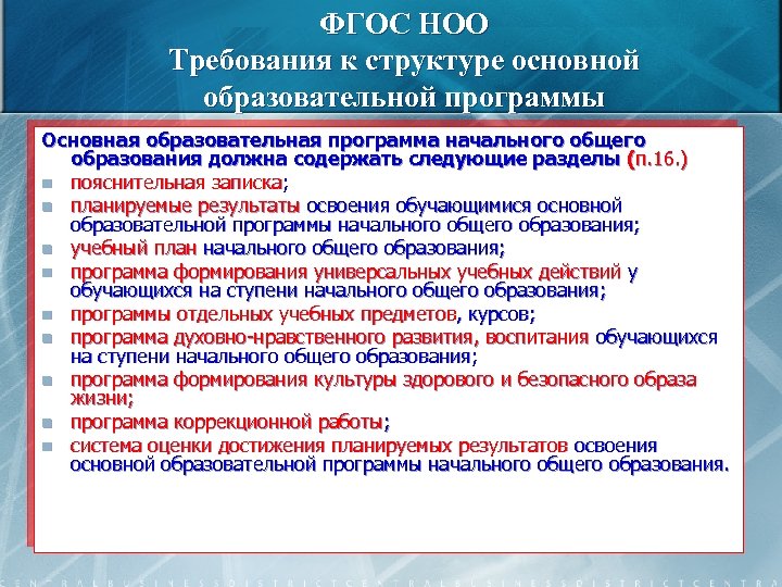 ФГОС НОО Требования к структуре основной образовательной программы Основная образовательная программа начального общего образования