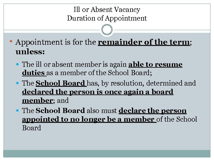 Ill or Absent Vacancy Duration of Appointment • Appointment is for the remainder of