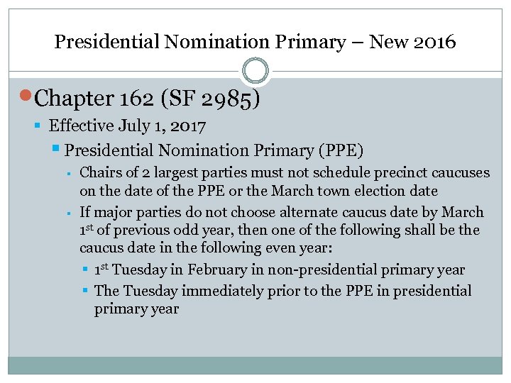Presidential Nomination Primary – New 2016 Chapter 162 (SF 2985) § Effective July 1,