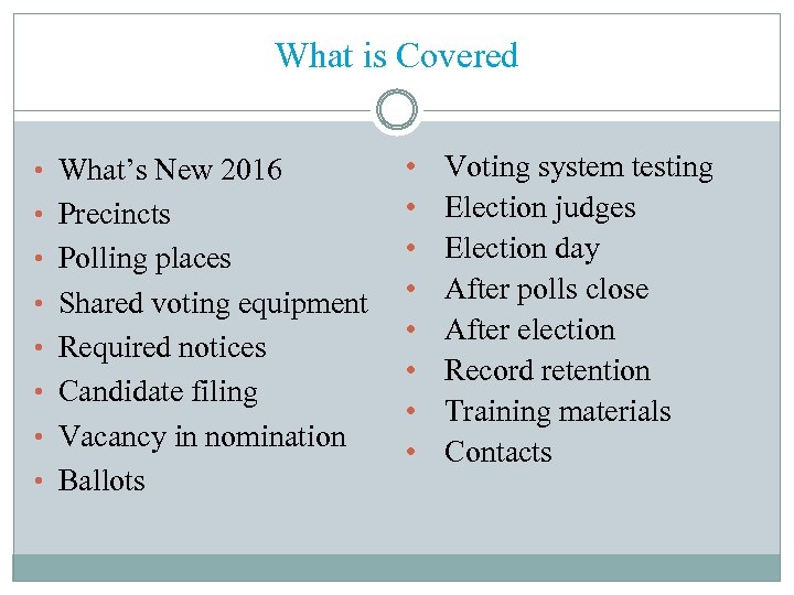 What is Covered • What’s New 2016 • Precincts • Polling places • Shared