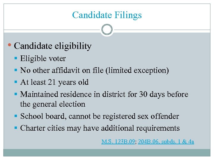 Candidate Filings • Candidate eligibility Eligible voter No other affidavit on file (limited exception)
