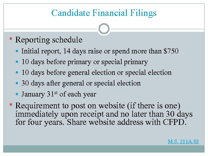 Candidate Financial Filings • Reporting schedule § § § Initial report, 14 days raise