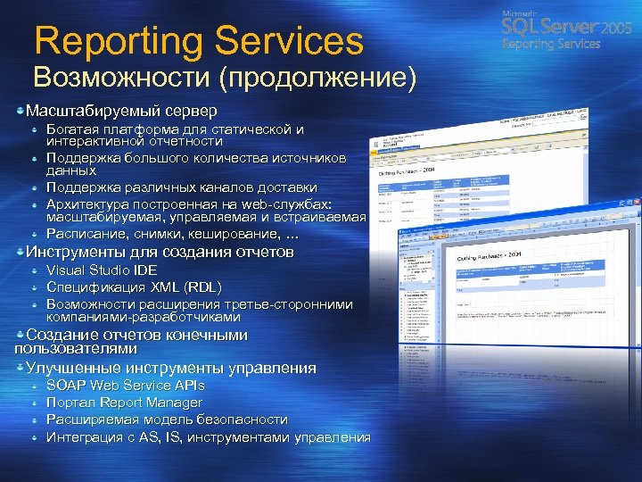 Reporting Services Возможности (продолжение) Масштабируемый сервер Богатая платформа для статической и интерактивной отчетности Поддержка