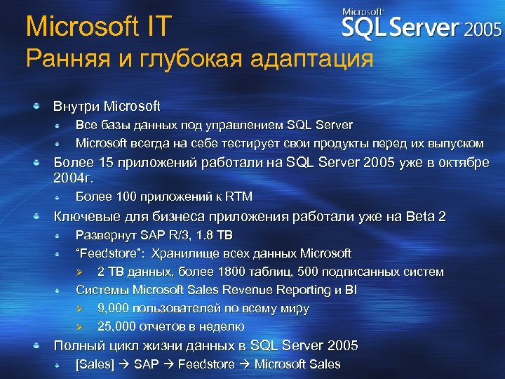 Microsoft IT Ранняя и глубокая адаптация Внутри Microsoft Все базы данных под управлением SQL