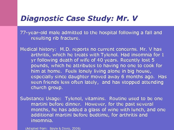 Diagnostic Case Study: Mr. V 77 -year-old male admitted to the hospital following a