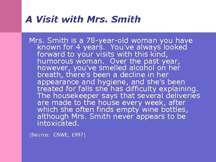 A Visit with Mrs. Smith is a 78 -year-old woman you have known for