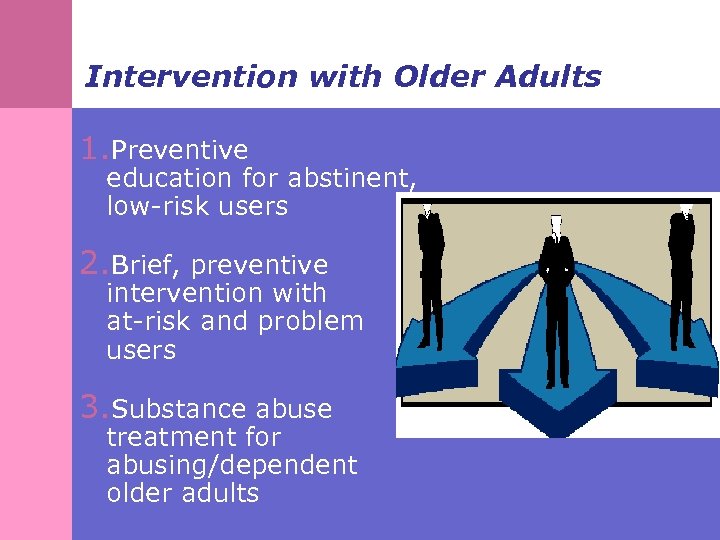 Intervention with Older Adults 1. Preventive education for abstinent, low-risk users 2. Brief, preventive