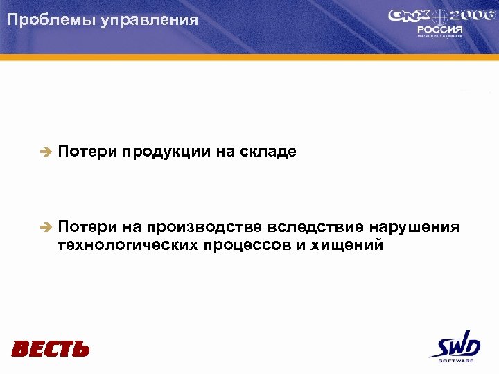 Проблемы управления è Потери продукции на складе è Потери на производстве вследствие нарушения технологических