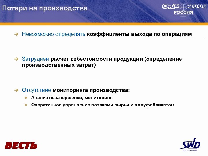 Потери на производстве è Невозможно определять коэффициенты выхода по операциям è Затруднен расчет себестоимости