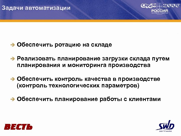 Задачи автоматизации è Обеспечить ротацию на складе è Реализовать планирование загрузки склада путем планирования
