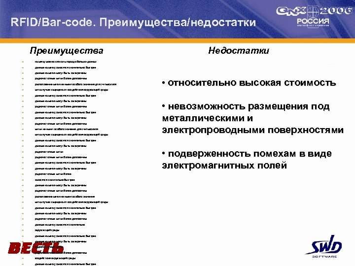 RFID/Bar-code. Преимущества/недостатки Преимущества è на метку можно записать гораздо больше данных è данные на