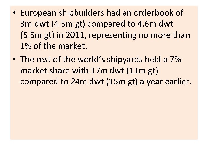  • European shipbuilders had an orderbook of 3 m dwt (4. 5 m