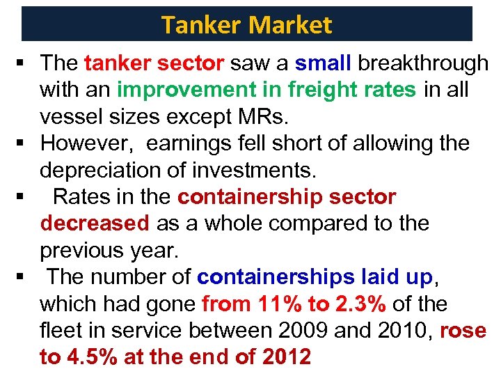 Tanker Market § The tanker sector saw a small breakthrough with an improvement in