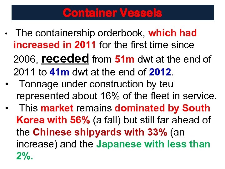 Container Vessels The containership orderbook, which had increased in 2011 for the first time