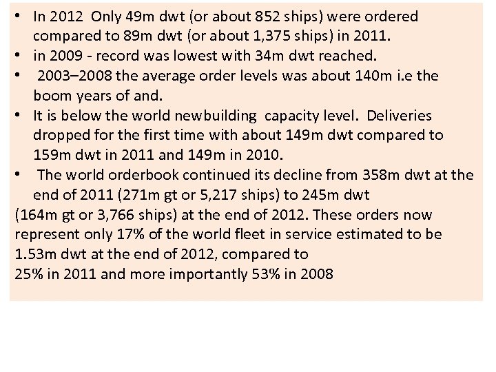  • In 2012 Only 49 m dwt (or about 852 ships) were ordered