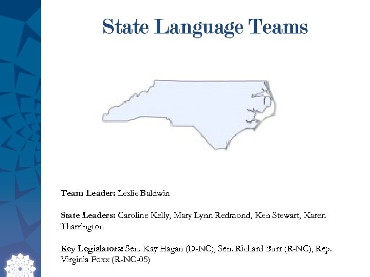 Team Leader: Leslie Baldwin State Leaders: Caroline Kelly, Mary Lynn Redmond, Ken Stewart, Karen