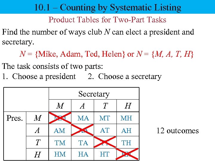 10. 1 – Counting by Systematic Listing Product Tables for Two-Part Tasks Find the