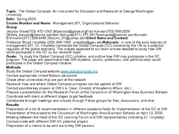 Topic: The Global Compact: An Instrument for Education and Research at George Washington University