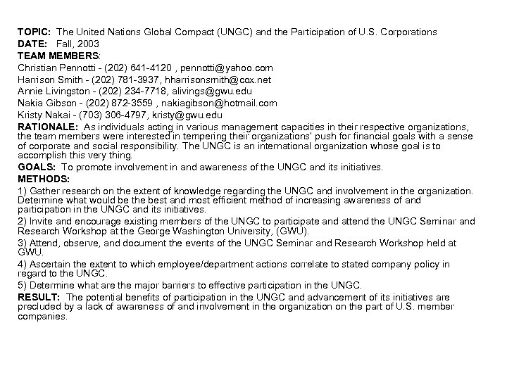 TOPIC: The United Nations Global Compact (UNGC) and the Participation of U. S. Corporations