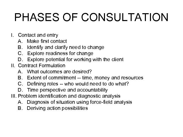 PHASES OF CONSULTATION I. Contact and entry A. Make first contact B. Identify and