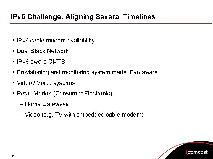 IPv 6 Challenge: Aligning Several Timelines • IPv 6 cable modem availability • Dual