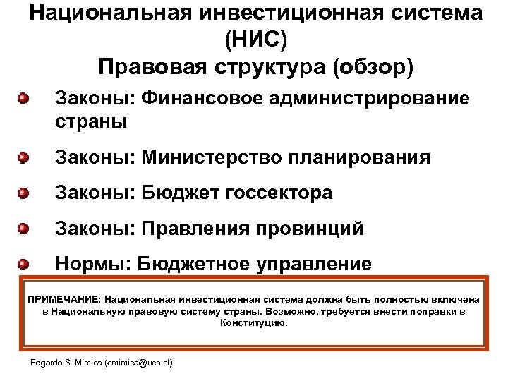 Национальная инвестиционная система (НИС) Правовая структура (обзор) Законы: Финансовое администрирование страны Законы: Министерство планирования
