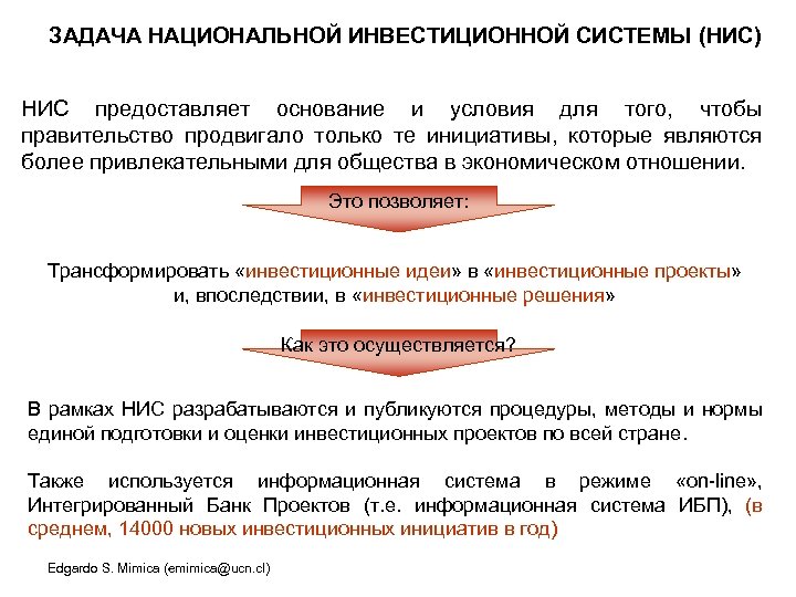 ЗАДАЧА НАЦИОНАЛЬНОЙ ИНВЕСТИЦИОННОЙ СИСТЕМЫ (НИС) НИС предоставляет основание и условия для того, чтобы правительство