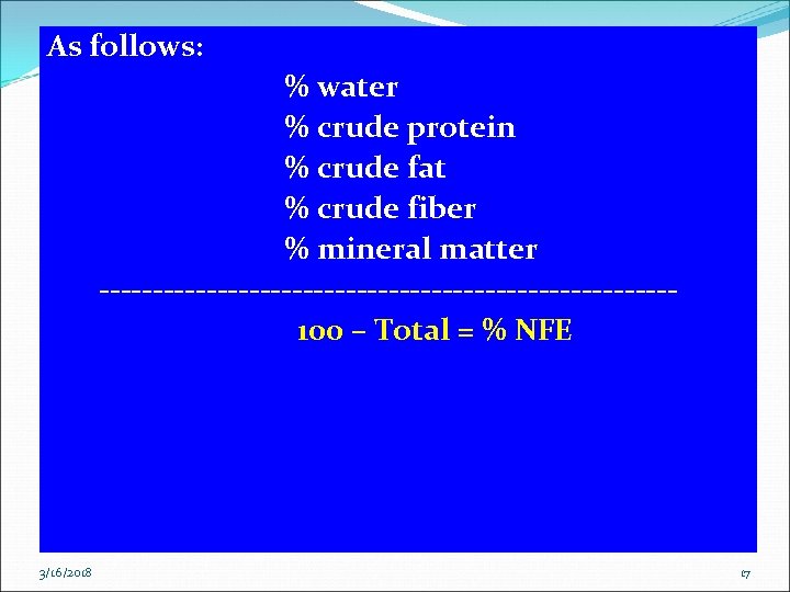 As follows: % water % crude protein % crude fat % crude fiber %