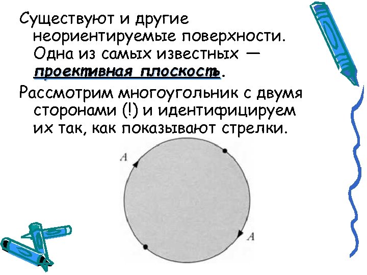 Существуют и другие неориентируемые поверхности. Одна из самых известных — проективная плоскость Рассмотрим многоугольник