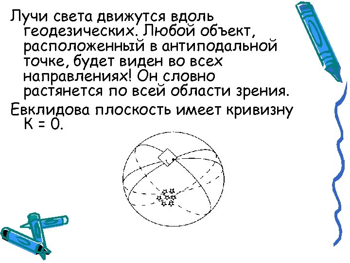 Лучи света движутся вдоль геодезических. Любой объект, расположенный в антиподальной точке, будет виден во
