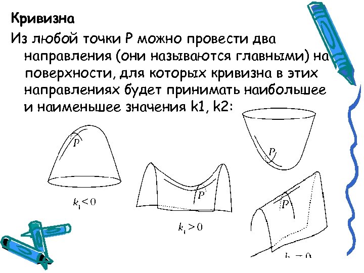 Кривизна Из любой точки Р можно провести два направления (они называются главными) на поверхности,