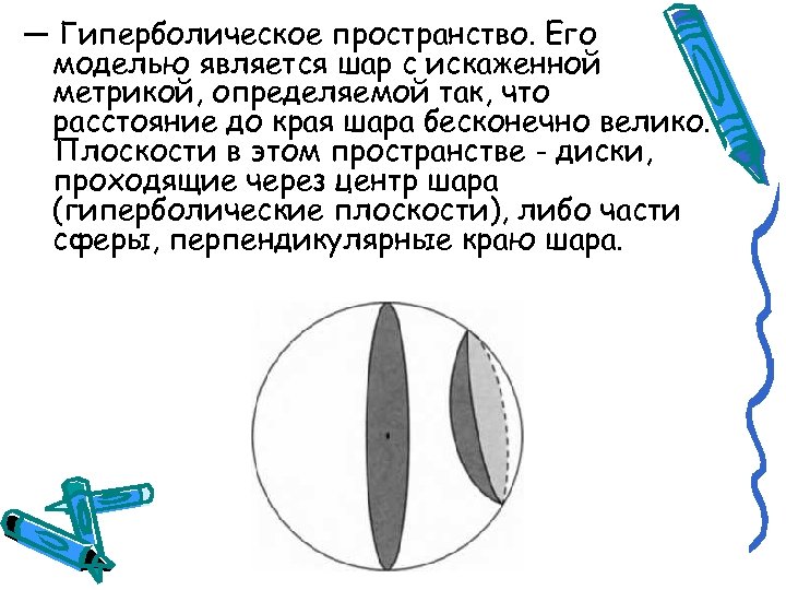 — Гиперболическое пространство. Его моделью является шар с искаженной метрикой, определяемой так, что расстояние