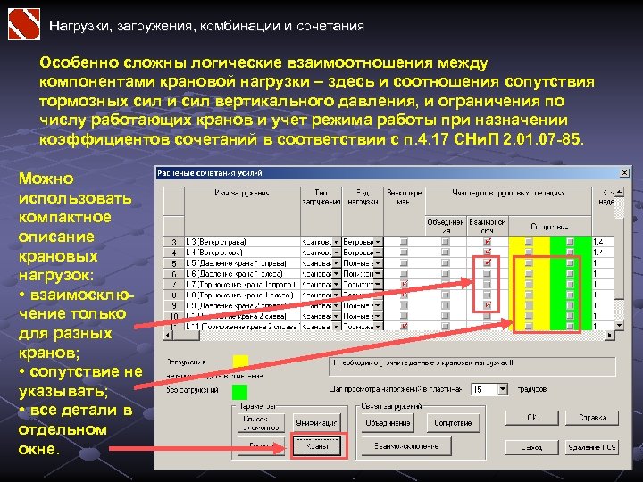 Нагрузки, загружения, комбинации и сочетания Особенно сложны логические взаимоотношения между компонентами крановой нагрузки –