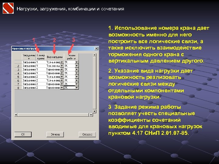 Нагрузки, загружения, комбинации и сочетания 1 2 3 1. Использование номера крана дает возможность