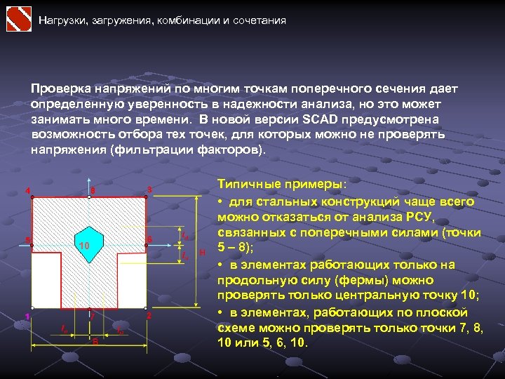 Нагрузки, загружения, комбинации и сочетания Проверка напряжений по многим точкам поперечного сечения дает определенную