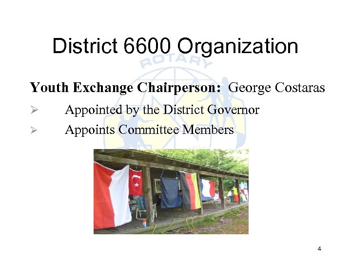 District 6600 Organization Youth Exchange Chairperson: George Costaras Ø Ø Appointed by the District