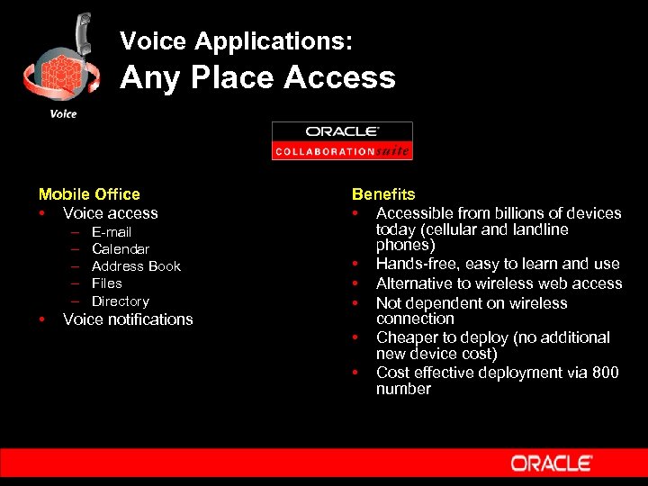 Voice Applications: Any Place Access Mobile Office • Voice access – – – •