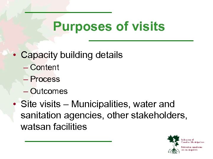 Purposes of visits • Capacity building details – Content – Process – Outcomes •