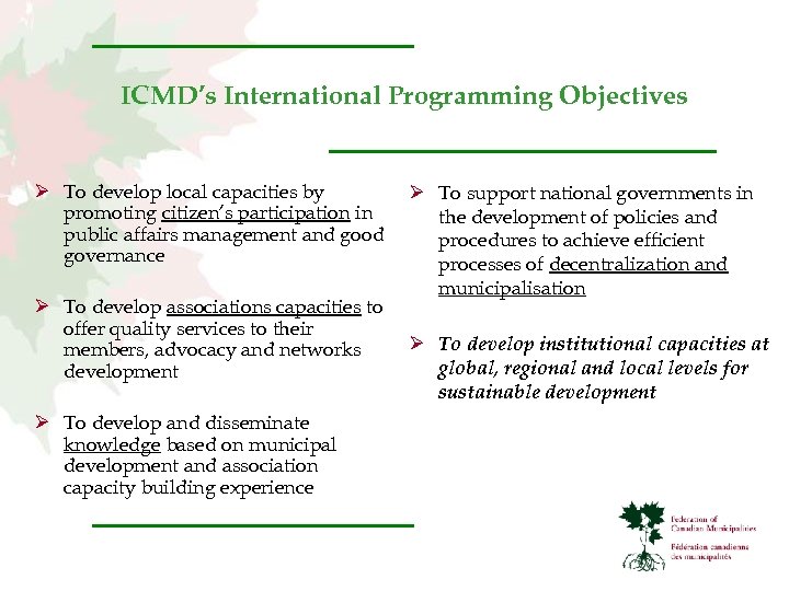 ICMD’s International Programming Objectives Ø To develop local capacities by promoting citizen’s participation in