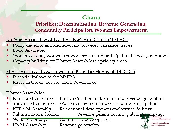 Ghana Priorities: Decentralisation, Revenue Generation, Community Participation, Women Empowerment. National Association of Local Authorities