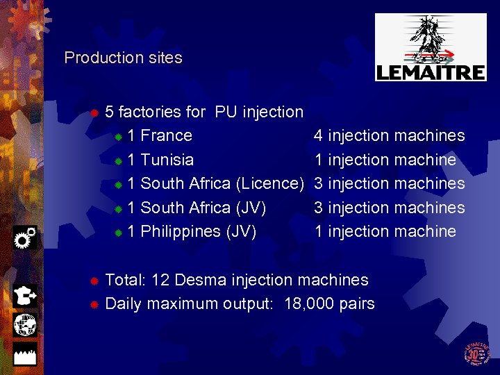 Production sites ® 5 factories for PU injection ® 1 France ® 1 Tunisia