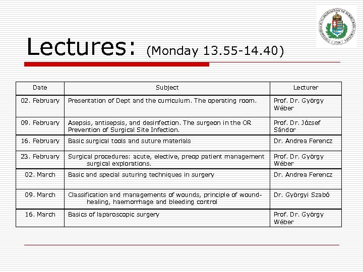 Lectures: (Monday 13. 55 -14. 40) Date Subject Lecturer 02. February Presentation of Dept