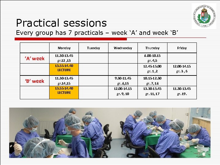 Practical sessions Every group has 7 practicals – week ‘A’ and week ‘B’ Monday