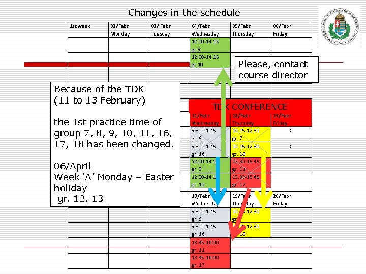 Changes in the schedule 1 st week 02/Febr Monday 03/ Febr Tuesday Because of